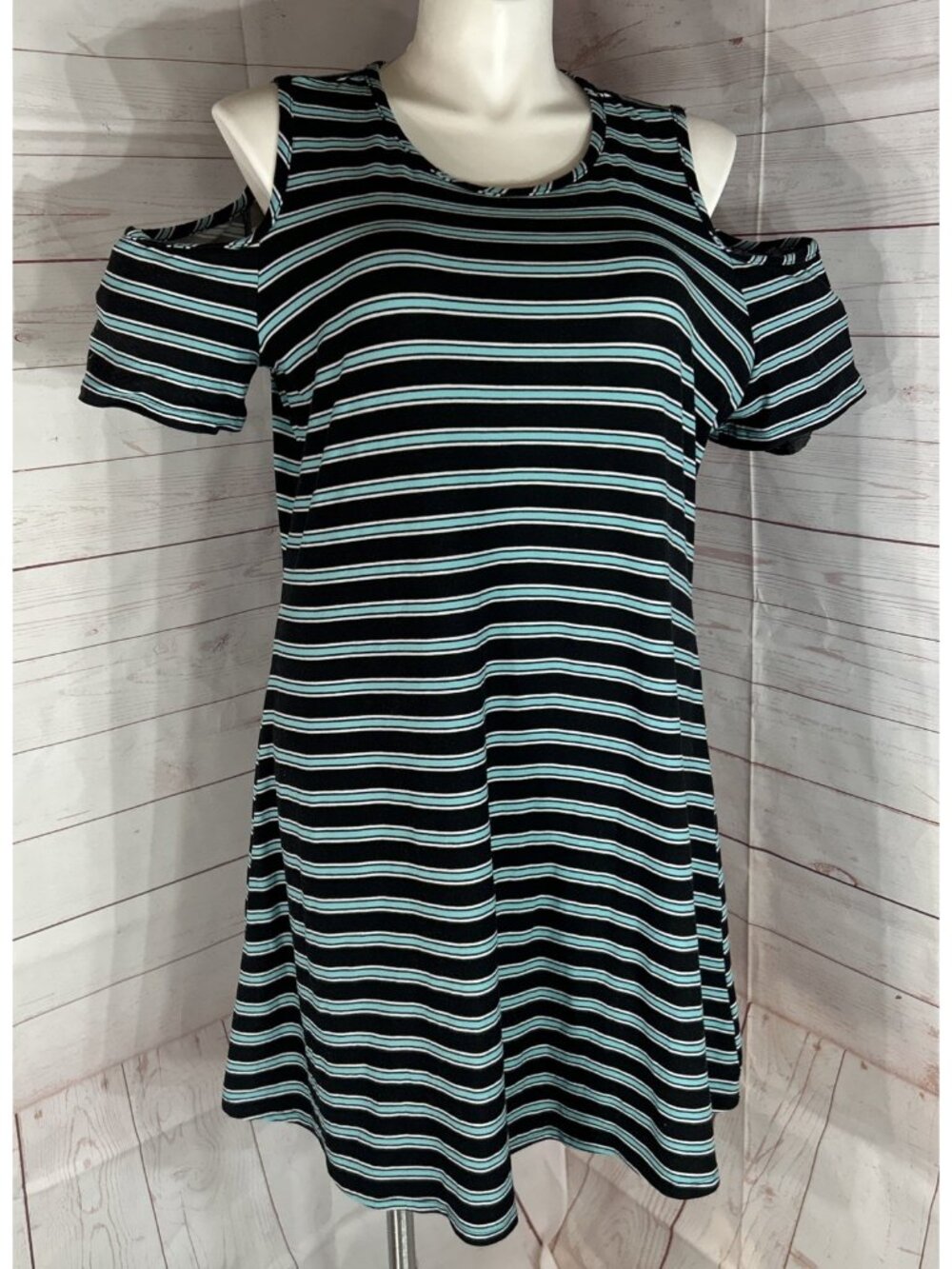 Women's Just Be Fit Flare Dress with Cold Shoulder Black Teal Stripe Size Large